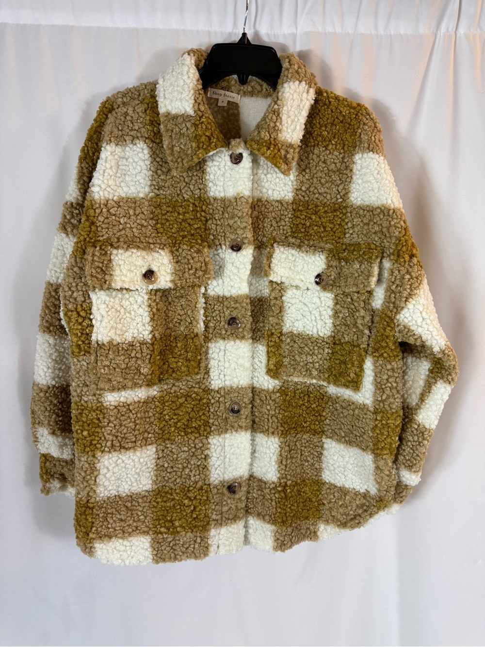 Shop Stevie Plaid Teddy Shacket in white & Tan size: S - Picture 3 of 14